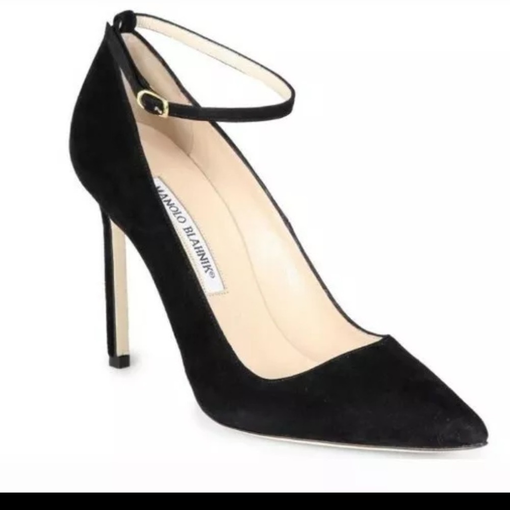 Manolo Blahnik Black Suede Leather BB Strap 115mm pointed toe pumps EU 40.5